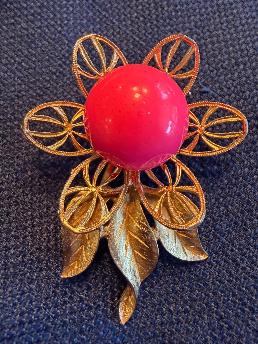 Vintage Gold Flowered Brooch with Hot Pink Center Ball